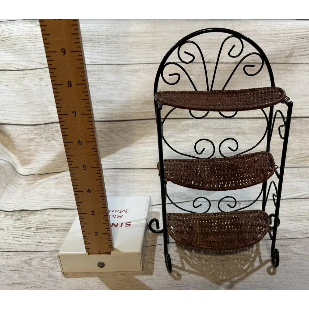 Vintage Rattan Wicker Metal 3 Tiered Shelf Display Doll House 10